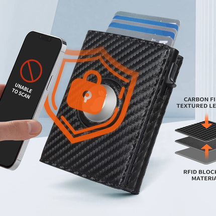 Carbon Fiber AirTag Wallet for Men – RFID Blocking Anti-Theft Slim Bifold Wallet with Pop-Up Card Holder & AirTag Slot