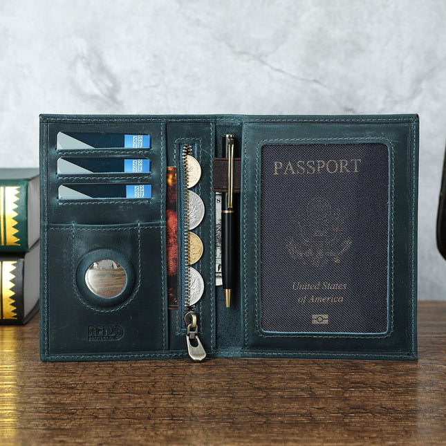 RFID Blocking Leather Passport Wallet with AirTag Holder – Travel Organizer Case for Passport, Cards, Cash, Coins & Pen | Anti-Theft Smart Travel Wallet
