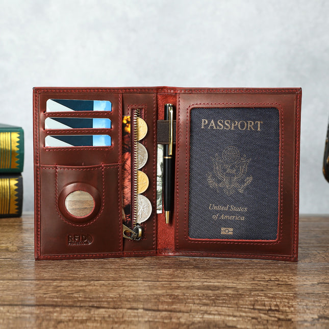 RFID Blocking Leather Passport Wallet with AirTag Holder – Travel Organizer Case for Passport, Cards, Cash, Coins & Pen | Anti-Theft Smart Travel Wallet