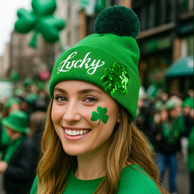 St. Patrick’s Day Lucky Shamrock Beanie Hat – Cozy Green Knit Pom-Pom Cap with Sequin Clover Design for Irish Celebrations