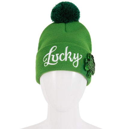 St. Patrick’s Day Lucky Shamrock Beanie Hat – Cozy Green Knit Pom-Pom Cap with Sequin Clover Design for Irish Celebrations