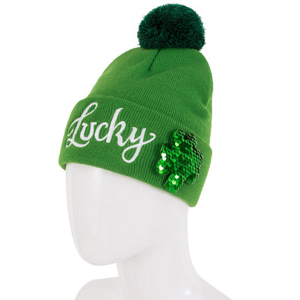 St. Patrick’s Day Lucky Shamrock Beanie Hat – Cozy Green Knit Pom-Pom Cap with Sequin Clover Design for Irish Celebrations