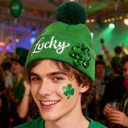 St. Patrick’s Day Lucky Shamrock Beanie Hat – Cozy Green Knit Pom-Pom Cap with Sequin Clover Design for Irish Celebrations