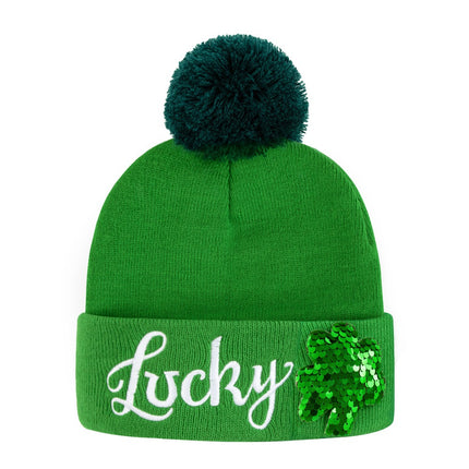 St. Patrick’s Day Lucky Shamrock Beanie Hat – Cozy Green Knit Pom-Pom Cap with Sequin Clover Design for Irish Celebrations
