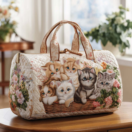 Cute Cat Quilted Duffle Bag – Vintage Floral & Cozy Kitten Travel Tote for Cat Lovers