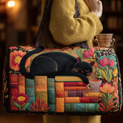 Cute Cat Quilted Duffle Bag – Vintage Floral & Cozy Kitten Travel Tote for Cat Lovers