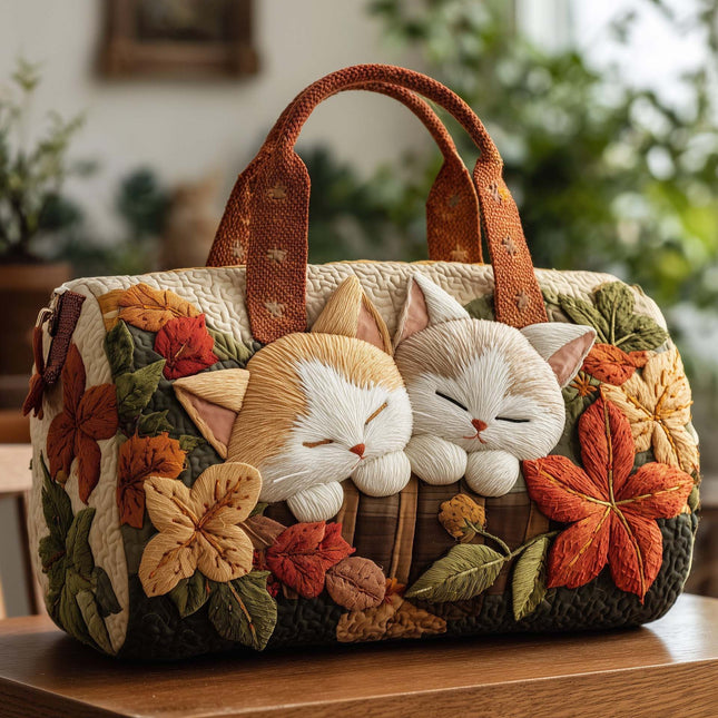 Cute Cat Quilted Duffle Bag – Vintage Floral & Cozy Kitten Travel Tote for Cat Lovers
