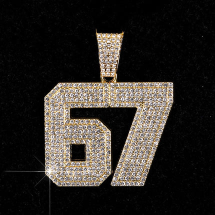 Iced Out 67 Pendant Necklace, Rhinestone Cuban Link Chain, Gold or Silver Tone