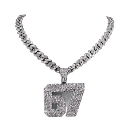 Iced Out 67 Pendant Necklace, Rhinestone Cuban Link Chain, Gold or Silver Tone