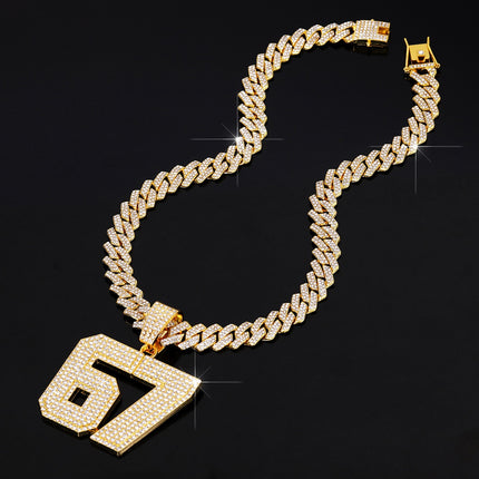 Iced Out 67 Pendant Necklace, Rhinestone Cuban Link Chain, Gold or Silver Tone