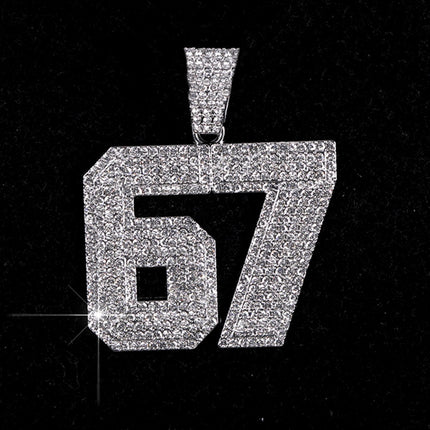 Iced Out 67 Pendant Necklace, Rhinestone Cuban Link Chain, Gold or Silver Tone