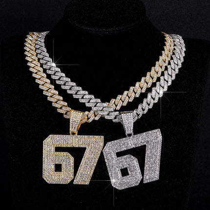 Iced Out 67 Pendant Necklace, Rhinestone Cuban Link Chain, Gold or Silver Tone