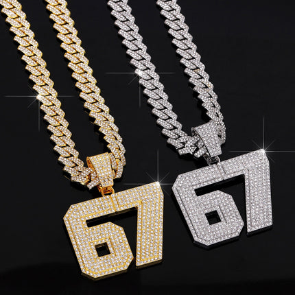 Iced Out 67 Pendant Necklace, Rhinestone Cuban Link Chain, Gold or Silver Tone