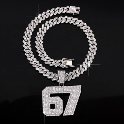 Iced Out 67 Pendant Necklace, Rhinestone Cuban Link Chain, Gold or Silver Tone