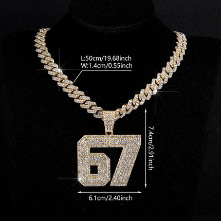 Iced Out 67 Pendant Necklace, Rhinestone Cuban Link Chain, Gold or Silver Tone