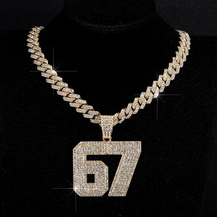 Iced Out 67 Pendant Necklace, Rhinestone Cuban Link Chain, Gold or Silver Tone