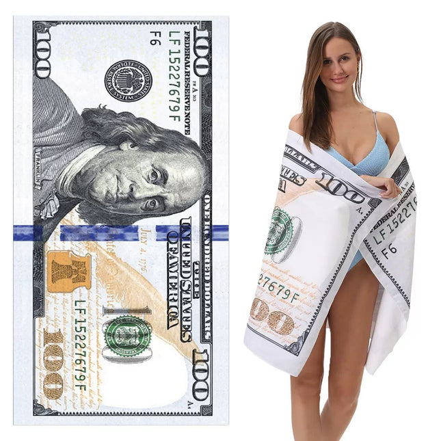 $100 Bill Beach Towel – Oversized Benjamin Franklin Dollar Note Pool Towel, Funny Money-Themed Summer Towel for Beach, Pool & Vacation