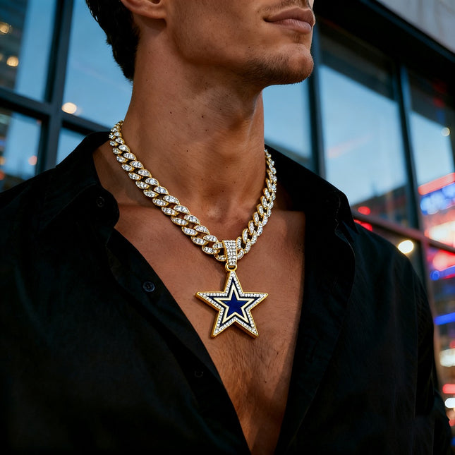 Dallas Football Star Iced-Out Pendant Necklace – Luxury CZ Cuban Link Chain, Cowboy Fan Statement Jewelry