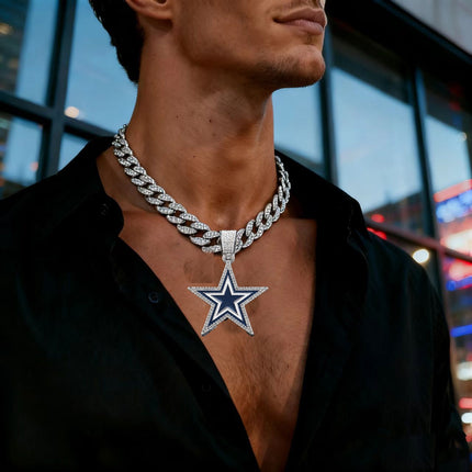 Dallas Football Star Iced-Out Pendant Necklace – Luxury CZ Cuban Link Chain, Cowboy Fan Statement Jewelry