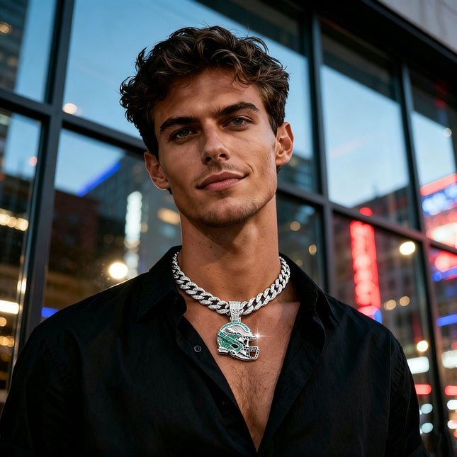 Philadelphia Eagles Helmet Iced-Out Pendant Necklace – Hip Hop CZ Football Chain, Luxury Eagles Fan Jewelry