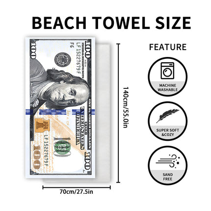$100 Bill Beach Towel – Oversized Benjamin Franklin Dollar Note Pool Towel, Funny Money-Themed Summer Towel for Beach, Pool & Vacation