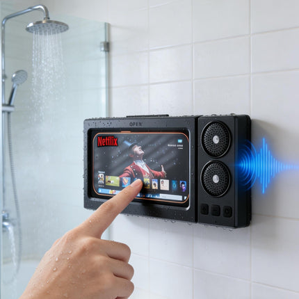 Waterproof Wall-Mount Phone Holder with Built-In Speaker – Touchscreen Shower Phone Case for Bathroom, Kitchen & Hands-Free Streaming