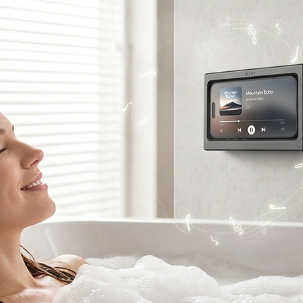 Waterproof Wall-Mount Phone Holder with Built-In Speaker – Touchscreen Shower Phone Case for Bathroom, Kitchen & Hands-Free Streaming