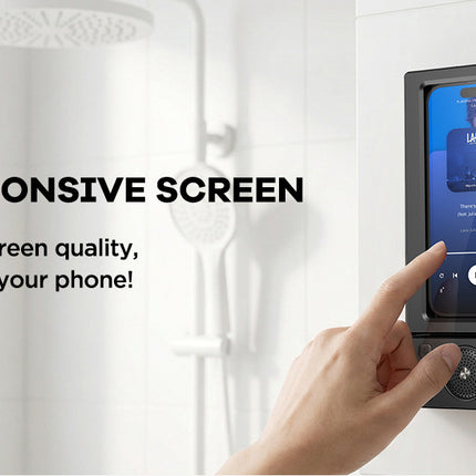 Waterproof Wall-Mount Phone Holder with Built-In Speaker – Touchscreen Shower Phone Case for Bathroom, Kitchen & Hands-Free Streaming