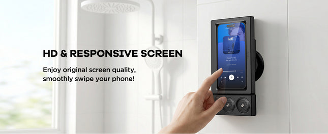 Waterproof Wall-Mount Phone Holder with Built-In Speaker – Touchscreen Shower Phone Case for Bathroom, Kitchen & Hands-Free Streaming