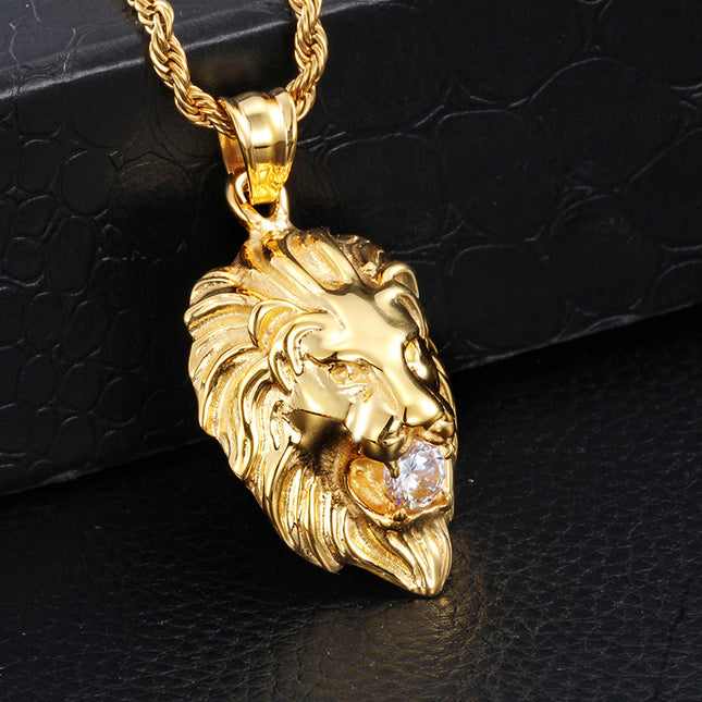 Majestic Lion Head Necklace with Diamond Accent – Gold King of the Jungle Pendant | Strength & Leadership Jewelry for Men