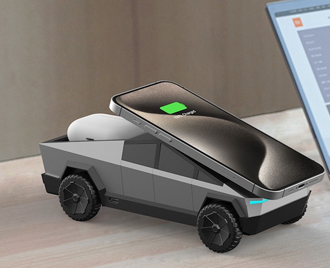 Cybertruck Wireless Charging Station – 3-in-1 MagSafe Charger for iPhone & AirPods, Futuristic Truck Desk Organizer