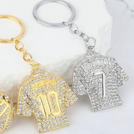 Crystal Soccer Jersey Keychain – Gold & Silver Football Fan Key Ring | Rhinestone Sports Keychain Gift