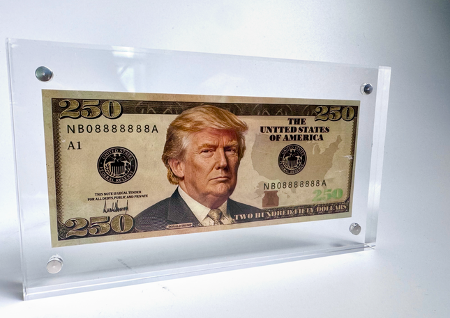 Custom Trump 250 Dollar Bill Collectible, Novelty Presidential Money Display, Acrylic Case Souvenir Gift, Political Memorabilia for Collectors