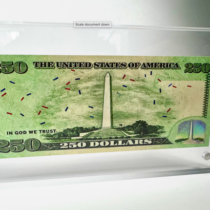 Custom Trump 250 Dollar Bill Collectible, Novelty Presidential Money Display, Acrylic Case Souvenir Gift, Political Memorabilia for Collectors
