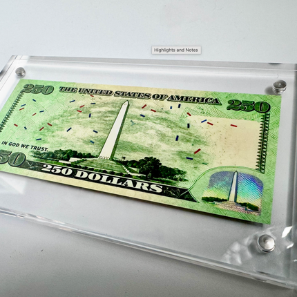 Custom Trump 250 Dollar Bill Collectible, Novelty Presidential Money Display, Acrylic Case Souvenir Gift, Political Memorabilia for Collectors