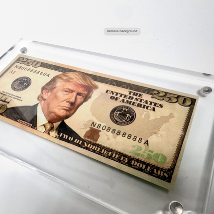 Custom Trump 250 Dollar Bill Collectible, Novelty Presidential Money Display, Acrylic Case Souvenir Gift, Political Memorabilia for Collectors