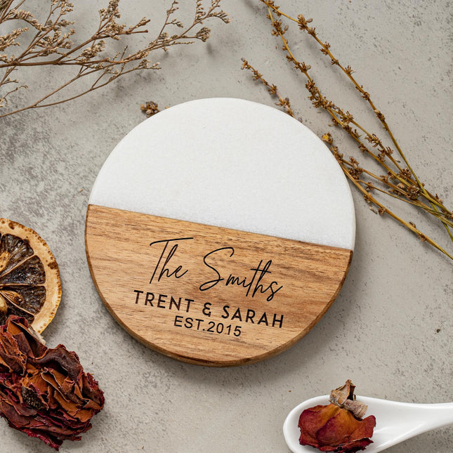 Personalized Marble Wood Coaster Set, Custom Engraved Names, Wedding Anniversary Gift