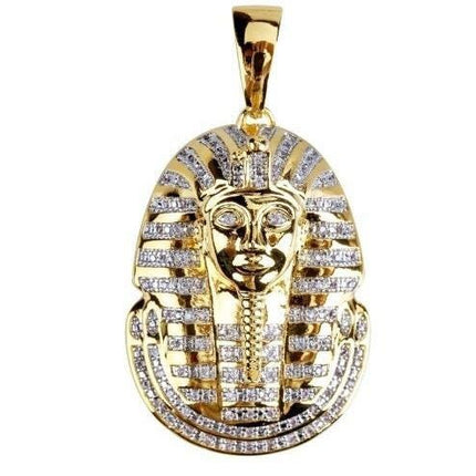 Gold Pharaoh Pendant Necklace, Iced Out Tutankhamun Ancient Egypt Statement Piece