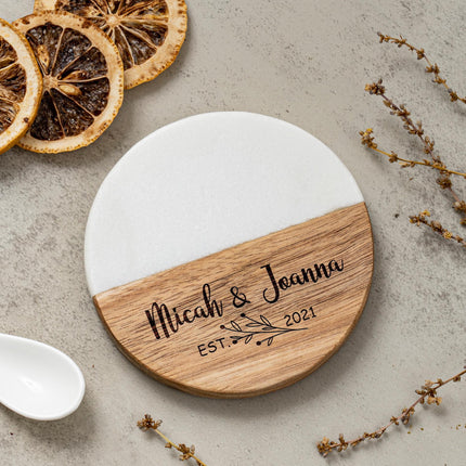 Personalized Marble Wood Coaster Set, Custom Engraved Names, Wedding Anniversary Gift