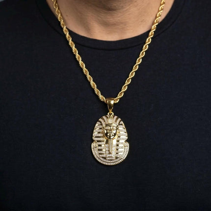 Gold Pharaoh Pendant Necklace, Iced Out Tutankhamun Ancient Egypt Statement Piece