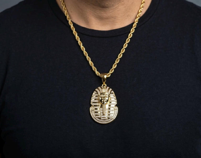 Gold Pharaoh Pendant Necklace, Iced Out Tutankhamun Ancient Egypt Statement Piece