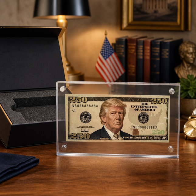 Custom Trump 250 Dollar Bill Collectible, Novelty Presidential Money Display, Acrylic Case Souvenir Gift, Political Memorabilia for Collectors