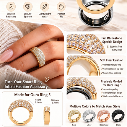 Rhinestone Oura Ring Cover, Sparkling CZ Protector Case (Gold/Silver)