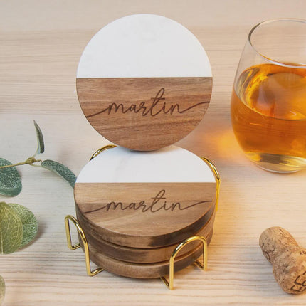 Personalized Marble Wood Coaster Set, Custom Engraved Names, Wedding Anniversary Gift