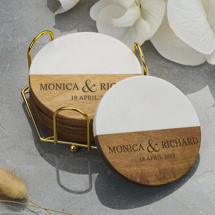 Personalized Marble Wood Coaster Set, Custom Engraved Names, Wedding Anniversary Gift