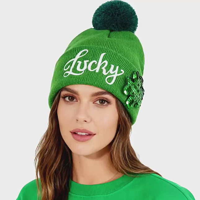 St. Patrick’s Day Lucky Shamrock Beanie Hat – Cozy Green Knit Pom-Pom Cap with Sequin Clover Design for Irish Celebrations